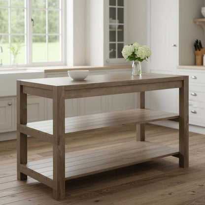 Brown Solid Wood Kitchen Island With Two Tier Smooth Counter Top