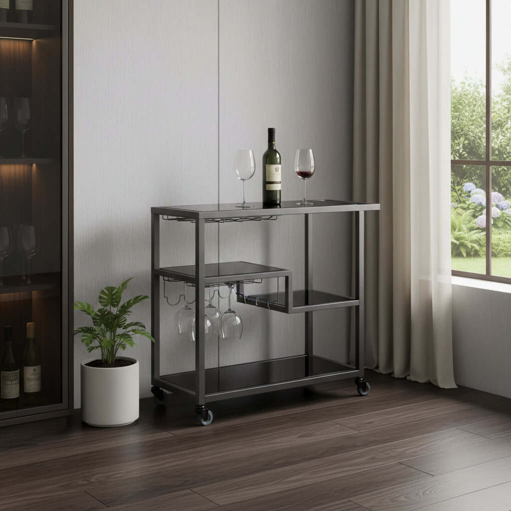 Black and Gray Glass Rolling Bar Cart With Wine Storage