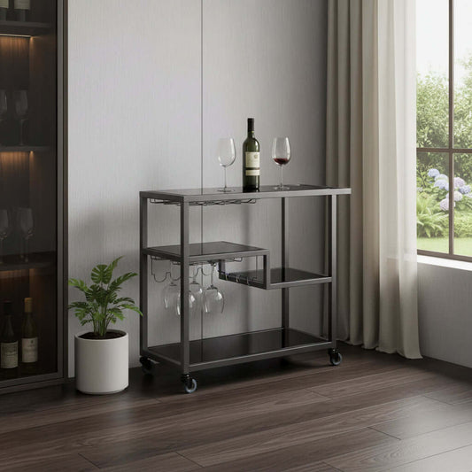 Black and Gray Glass Rolling Bar Cart With Wine Storage