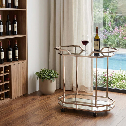 31" Champagne Iron and Mirrored Glass Octagonal Rolling Bar Cart