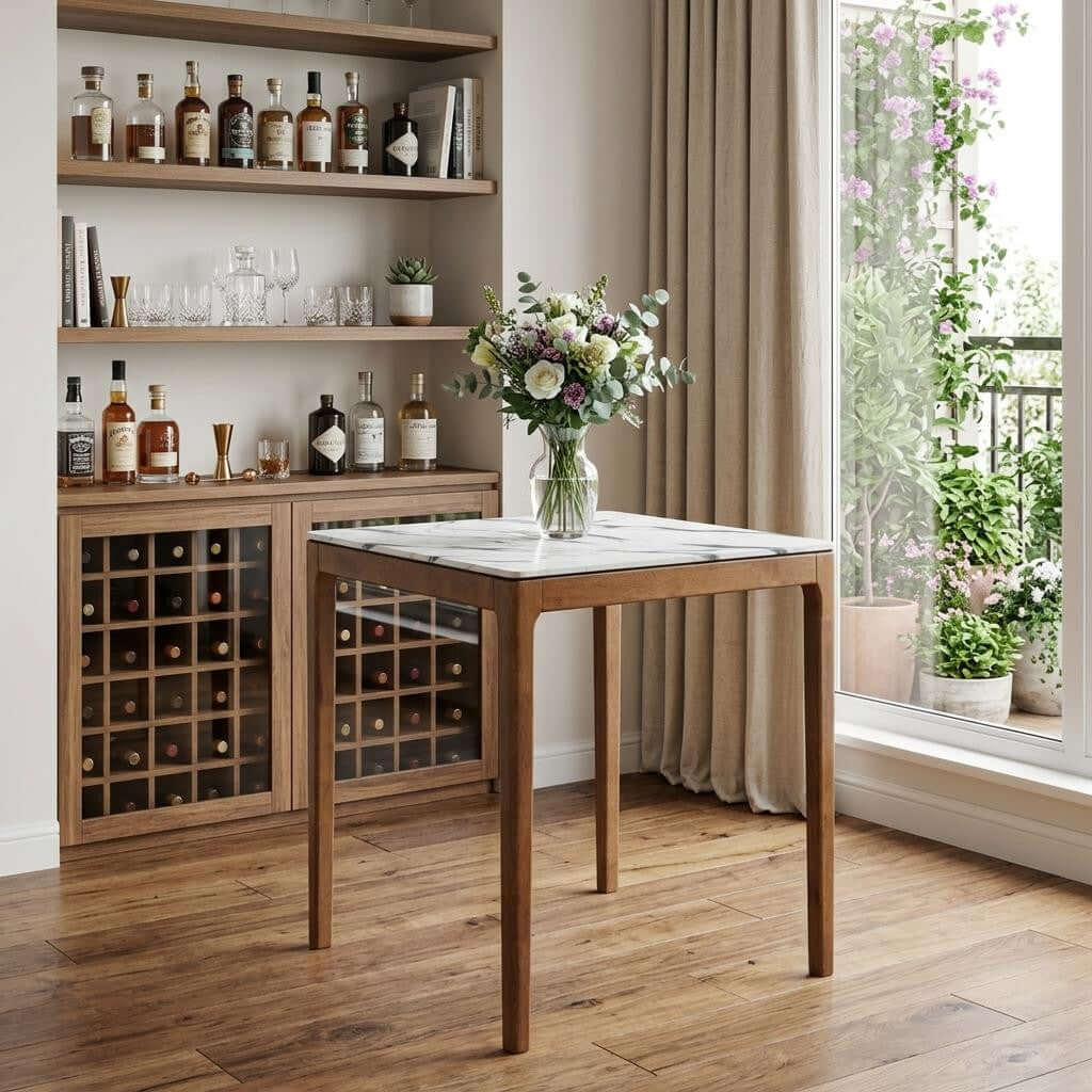 Homeroots 32" White and Natural Faux Marble and Solid Wood Square Bar Table