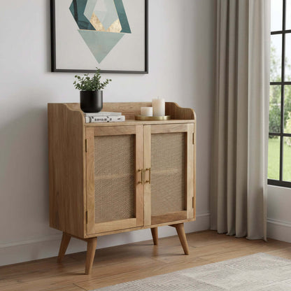 35" Brown Distressed Solid Wood Inlaid Rattan Accent Cabinet With Two Doors