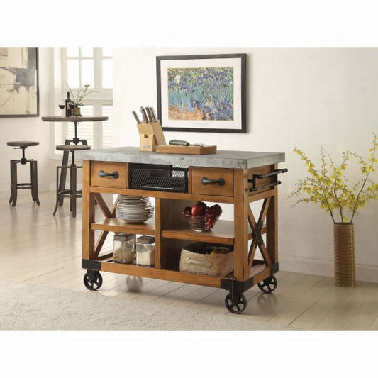 Acme Kailey kitchen cart with storage showcasing rustic design, distressed oak finish, and organization features.