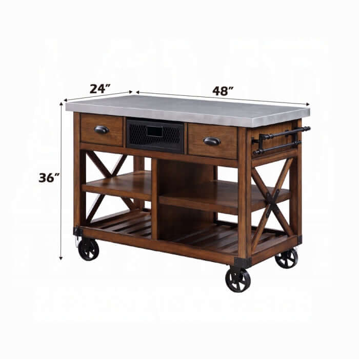 Acme Kailey kitchen cart with storage featuring a distressed oak finish and metal accents, dimensions 24x48x36 inches.