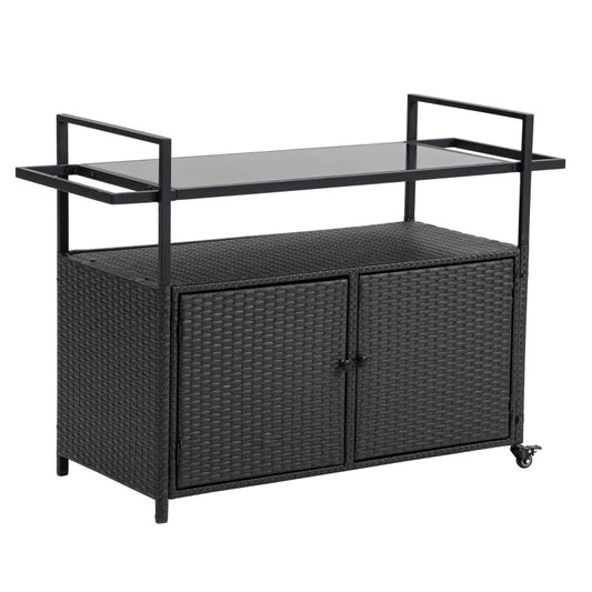 Outdoor Wicker Bar Cart with Glass