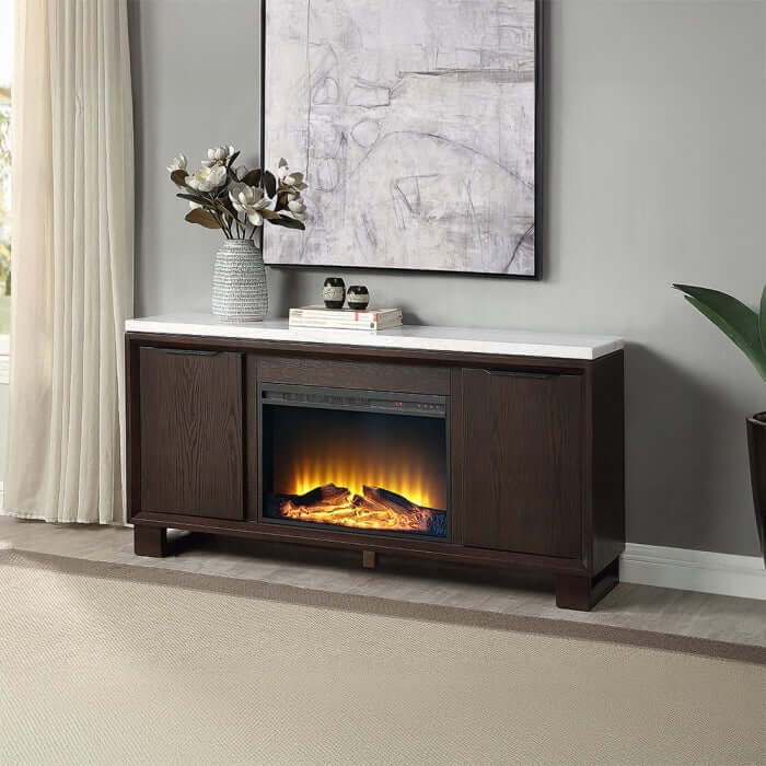 Acme Edwyn marble top buffet server with fireplace featuring a marble top and electric fireplace in a modern living space.