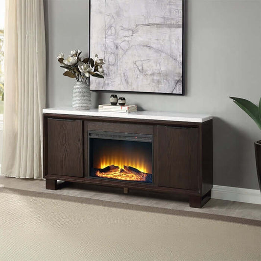 Acme Edwyn marble top buffet server with fireplace featuring a marble top and electric fireplace in a modern living space.