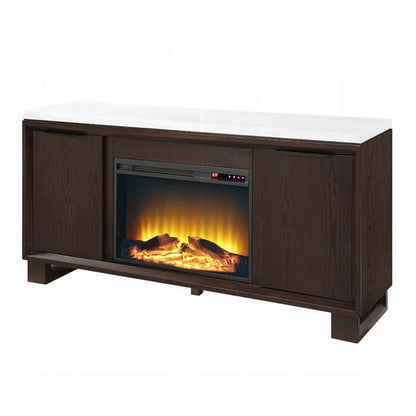Acme Edwyn marble top buffet server with fireplace featuring a natural marble top and electric fireplace.