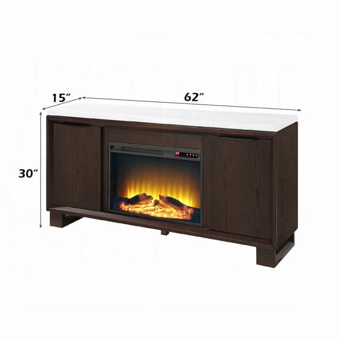 Acme Edwyn marble top buffet server with fireplace showcasing dimensions and electric fireplace feature.