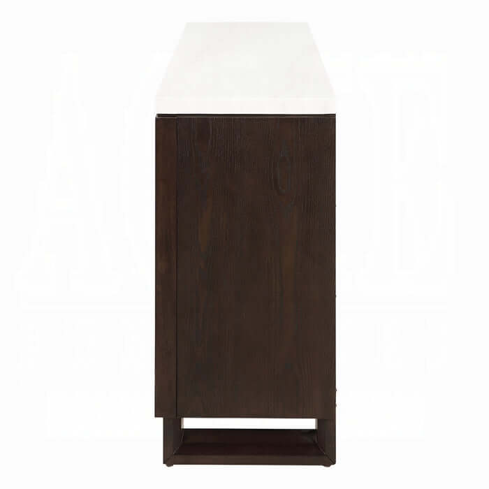 Acme Edwyn marble top buffet server with fireplace side view showcasing dark wood finish and marble top.