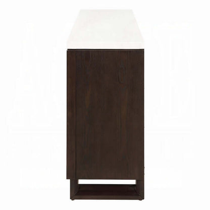 Acme Edwyn marble top buffet server with fireplace side view showcasing dark wood finish and marble top.