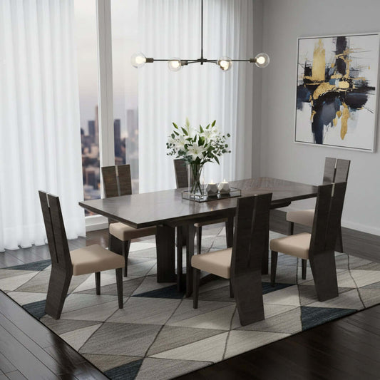 Homeroots Seven Piece Gray Dining Set with Six Chairs displayed in a modern dining room setting.