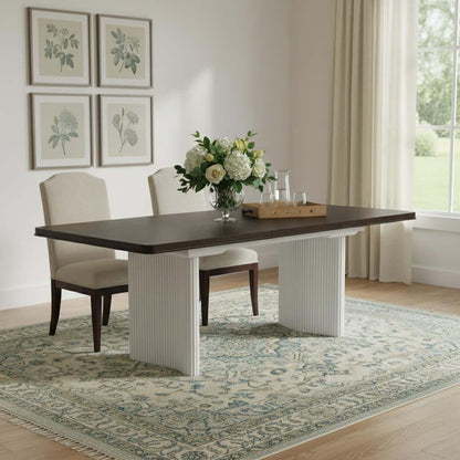 Walnut and White Wood Removable Leaf Double Pedestal Base Extendable Dining Table
