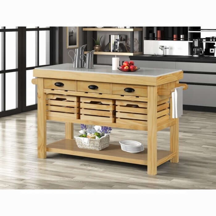 Grovaam kitchen island with storage featuring a spacious countertop and multiple storage drawers in a modern kitchen.