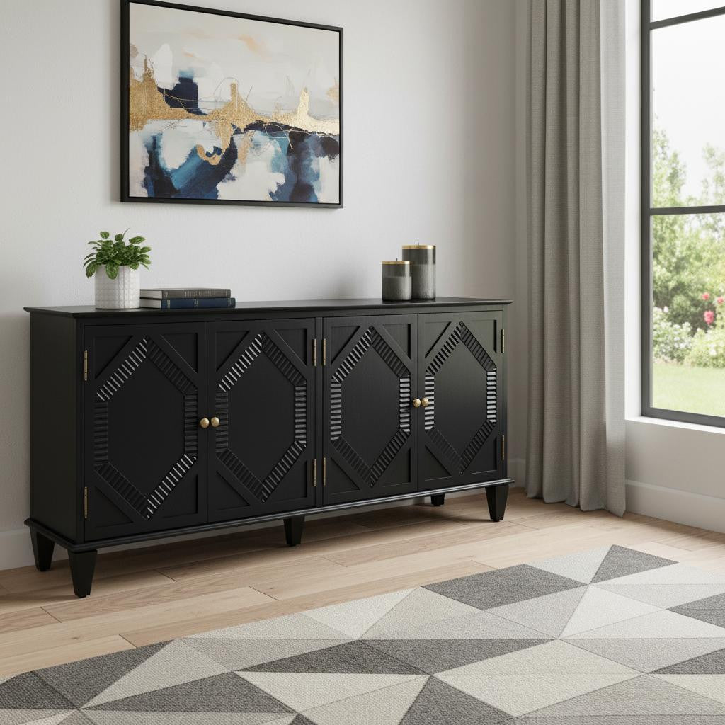 Stylish Black Wood Carved Geometric Accent Cabinet with four doors in a modern living room setting.