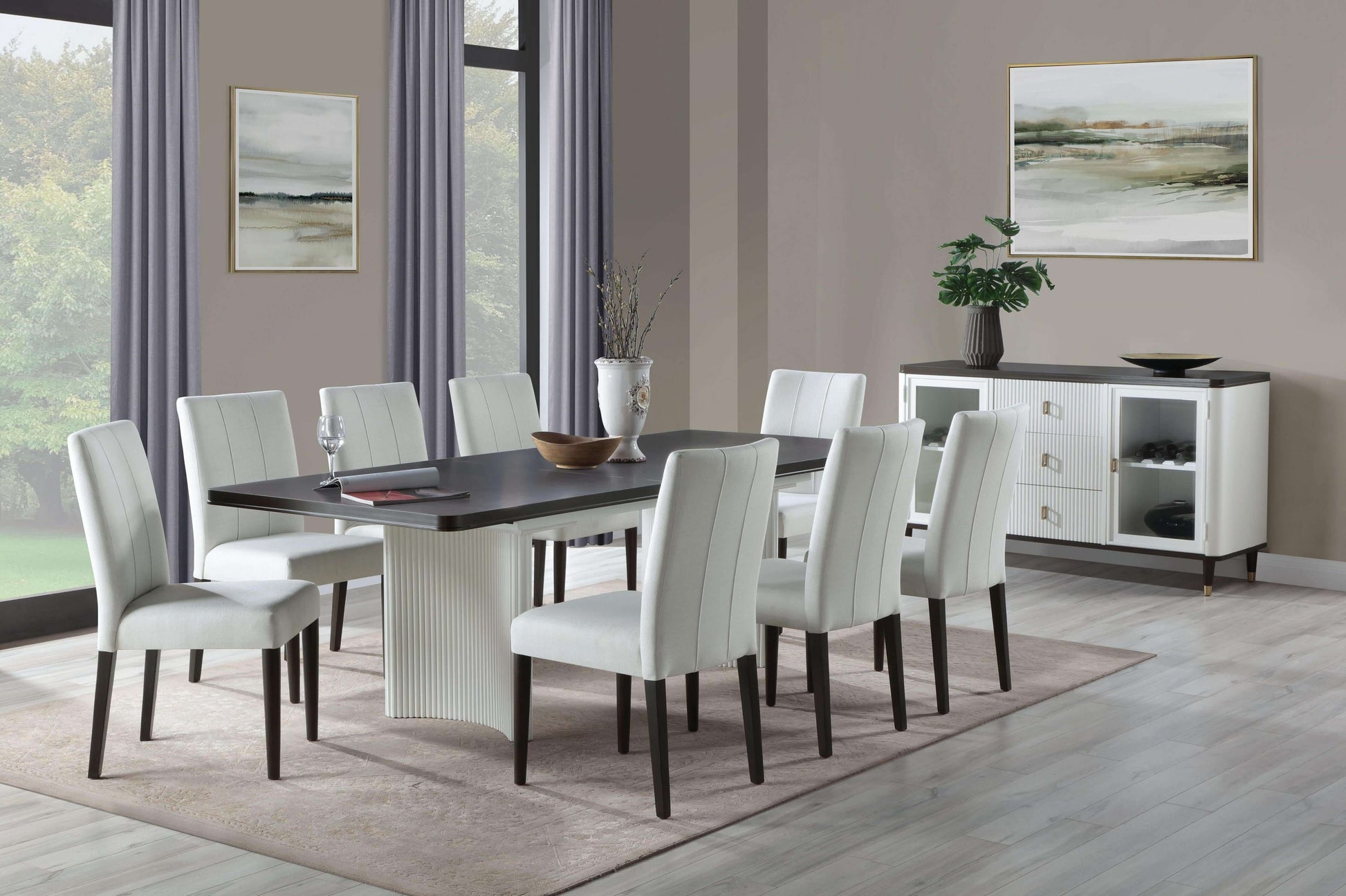 Walnut and White Wood Removable Leaf Double Pedestal Base Extendable Dining Table