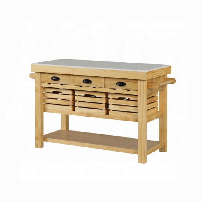 Grovaam kitchen island with storage featuring a wooden design, spacious countertop, and multiple storage drawers.
