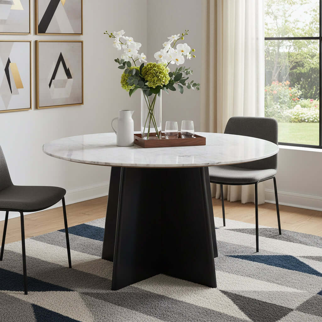 White and Black Marble and Wood Round Top Dining Table with elegant decor and modern chairs in a stylish dining room.