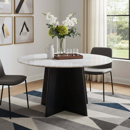 White and Black Marble and Wood Round Top Dining Table with elegant decor and modern chairs in a stylish dining room.