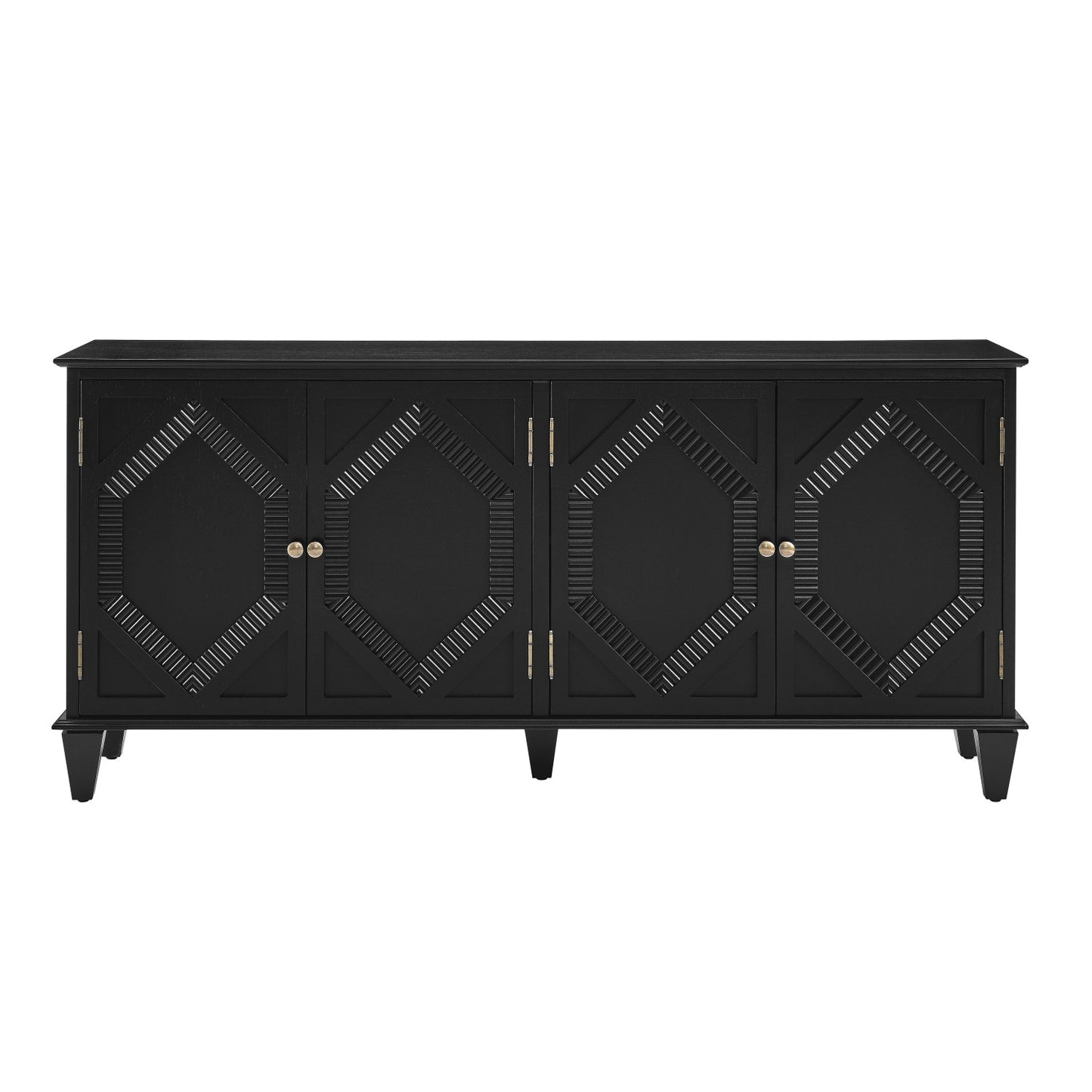 Black Wood Carved Geometric Accent Cabinet with four doors and diamond-shaped carvings in black finish.