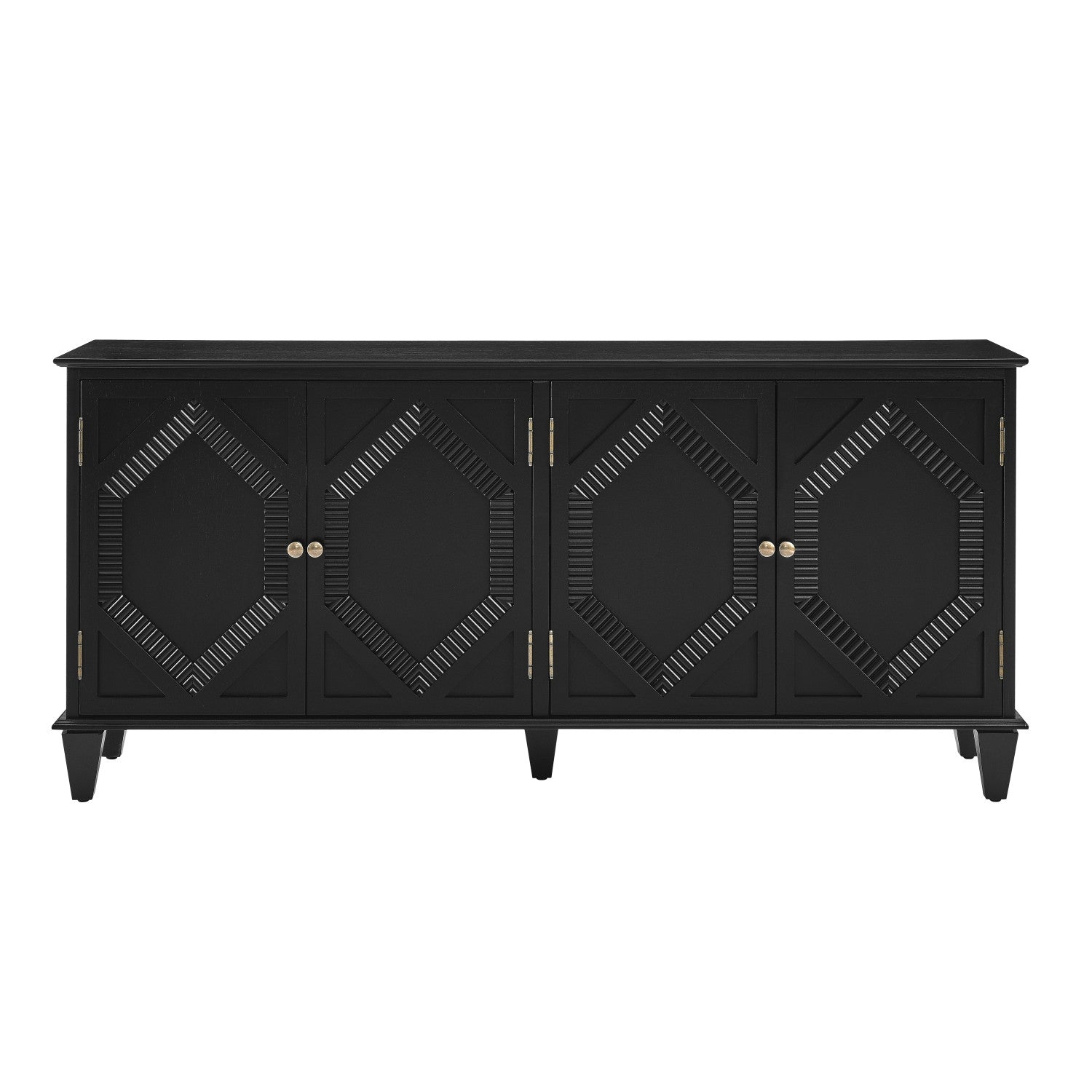 Black Wood Carved Geometric Accent Cabinet with four doors and diamond-shaped carvings in black finish.