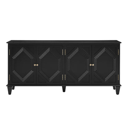Black Wood Carved Geometric Accent Cabinet with four doors and diamond-shaped carvings in black finish.