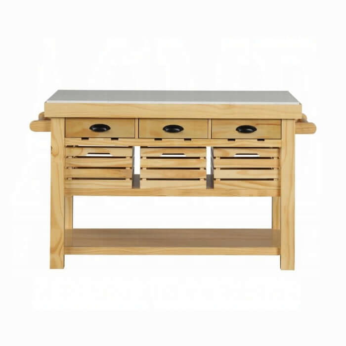 Grovaam kitchen island with storage featuring a spacious countertop and stylish wooden drawers.
