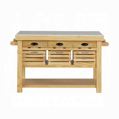 Grovaam kitchen island with storage featuring a spacious countertop and stylish wooden drawers.