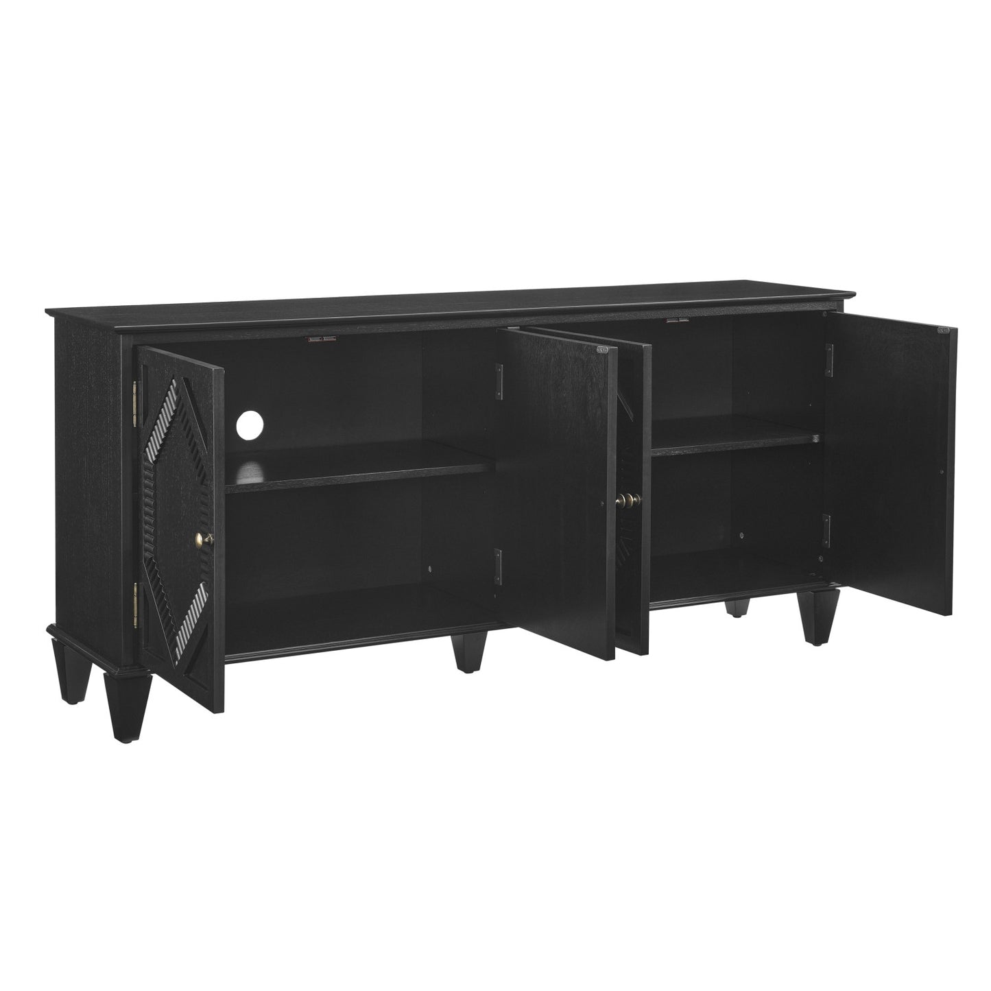 HOMEROOTS 66" Black Wood Carved Geometric Accent Cabinet With Four Doors showcasing its sleek and stylish design.
