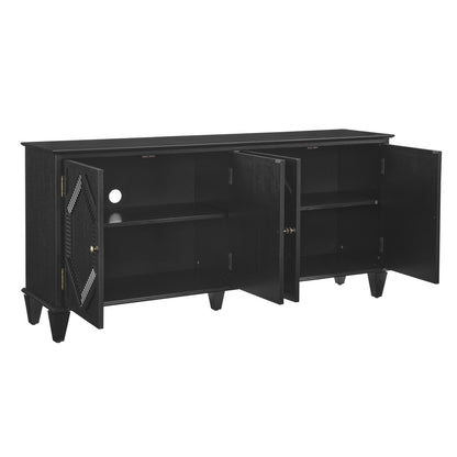HOMEROOTS 66" Black Wood Carved Geometric Accent Cabinet With Four Doors showcasing its sleek and stylish design.