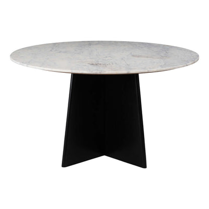 White and Black Marble and Wood Round Top Dining Table showcasing elegant marble top and black wood base.