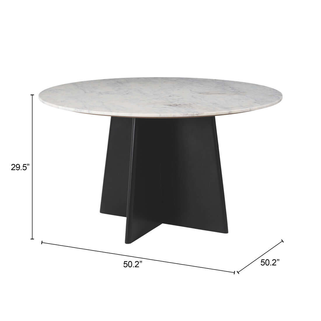 White and Black Marble and Wood Round Top Dining Table showcasing a round white marble top and black wood base.