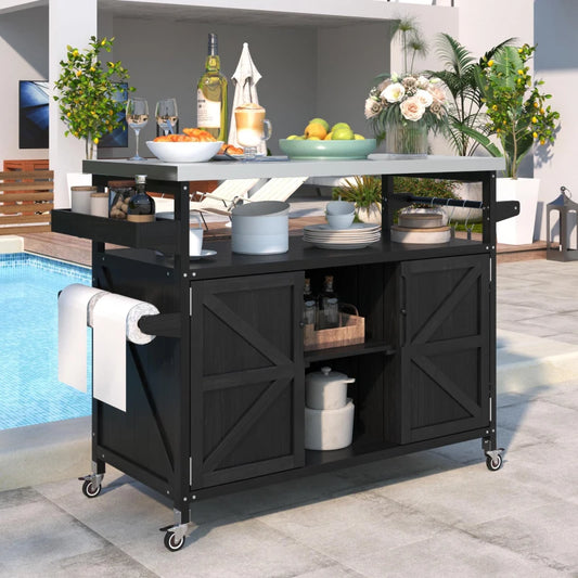 Black Outdoor Kitchen Rolling Bar Cart 