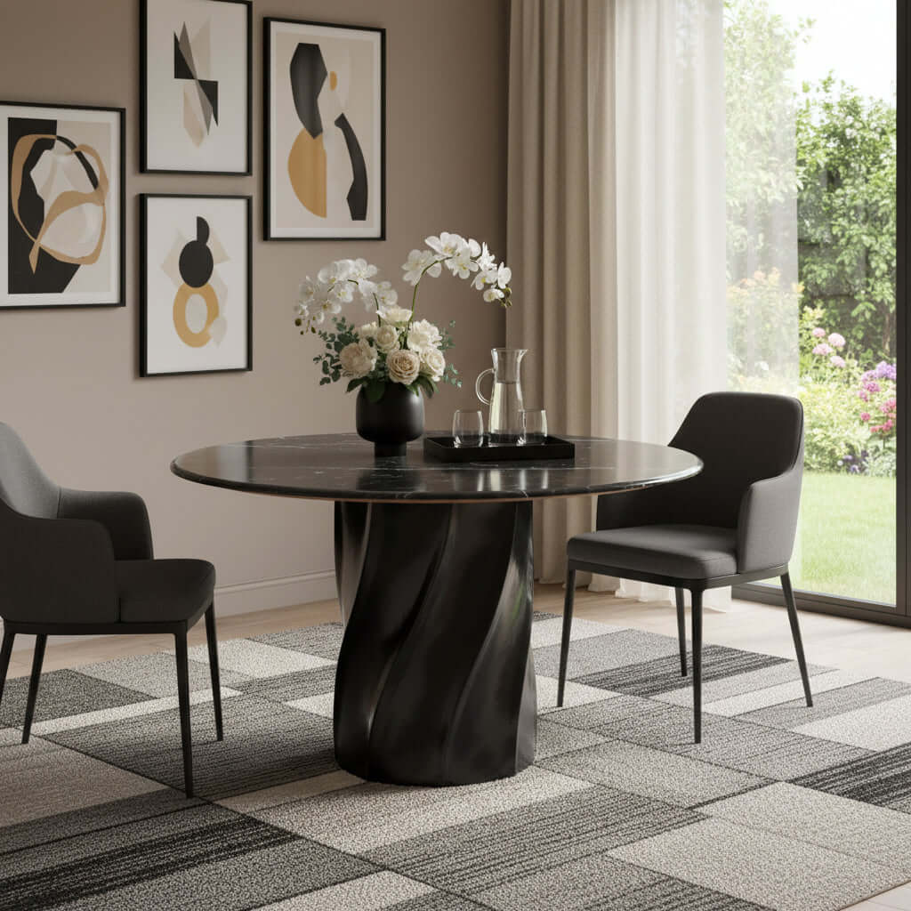 Homeroots Black Marble and Wood Round Top Dining Table surrounded by stylish chairs and modern decor in a bright room.