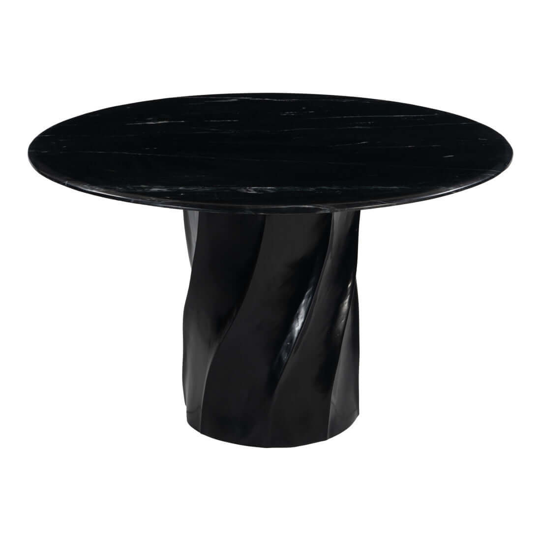 Homeroots Black Marble and Wood Round Top Dining Table with a stylish twisted base and sleek marble surface.