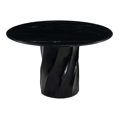 Homeroots Black Marble and Wood Round Top Dining Table with a stylish twisted base and sleek marble surface.