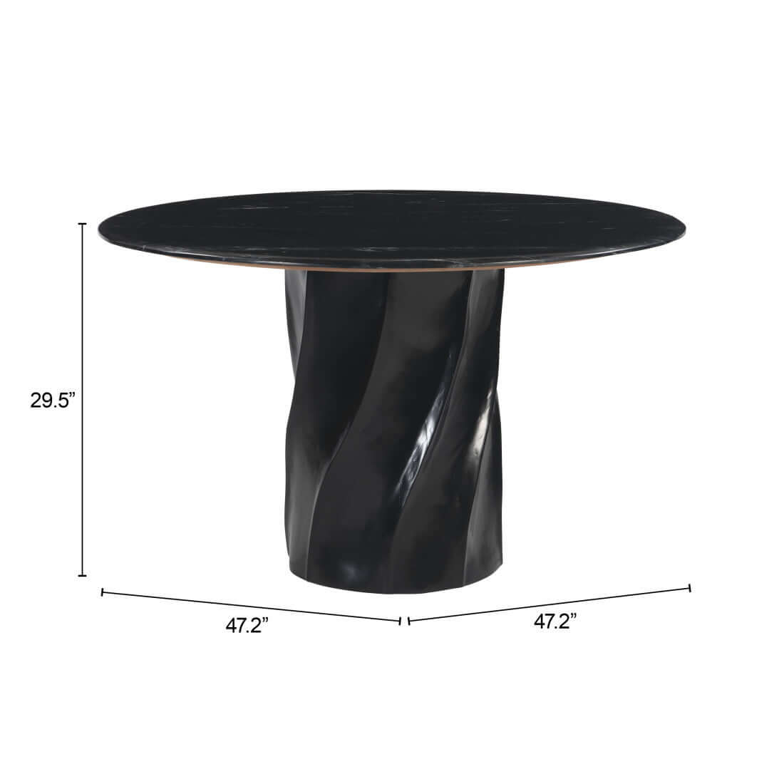 Homeroots Black Marble and Wood Round Top Dining Table featuring a black marble top and a unique twisted pedestal base.