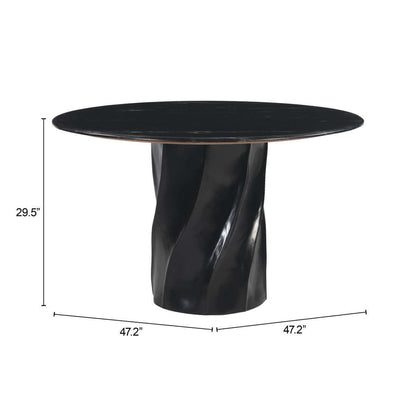 Homeroots Black Marble and Wood Round Top Dining Table featuring a black marble top and a unique twisted pedestal base.