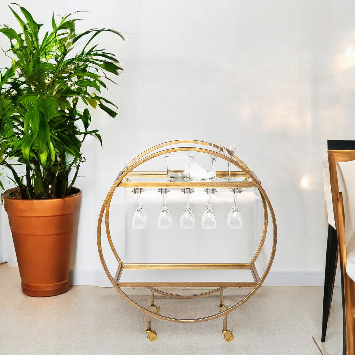 Round Gold Rolling Kitchen Cart With Storage