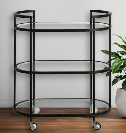 Black Steel Oval Rolling Bar Cart