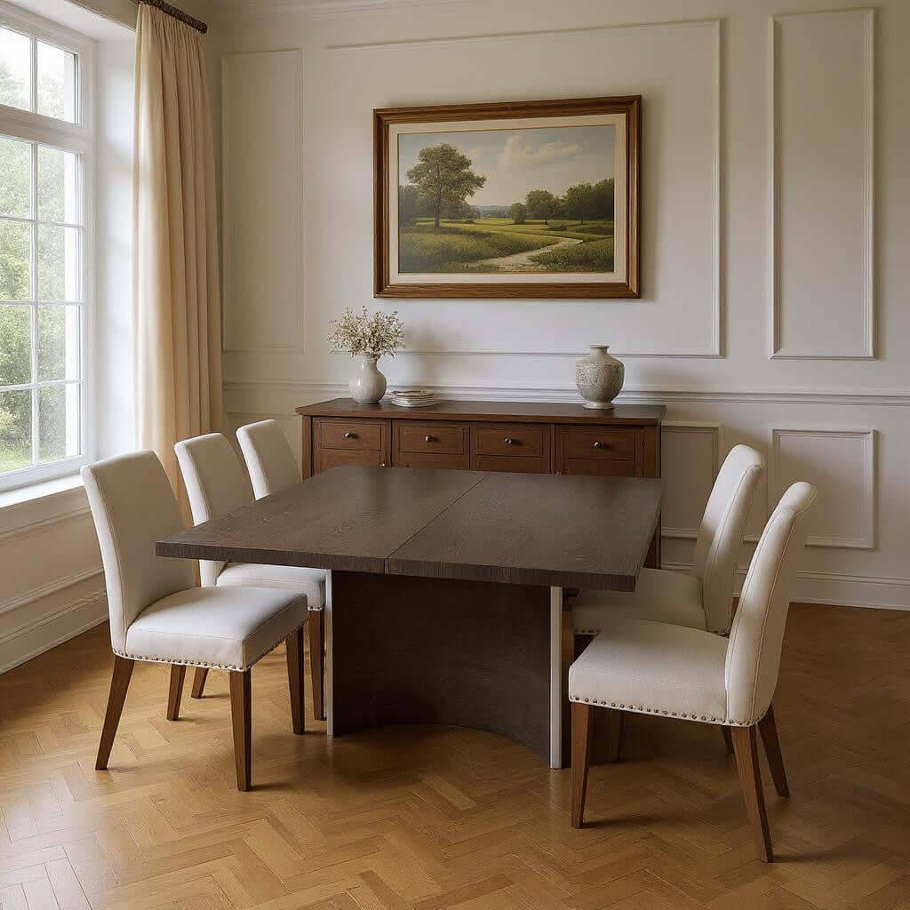 Homeroots 7Piece Gray Solid Wood Dining Set with Six Chairs arranged in an elegant dining room setting.