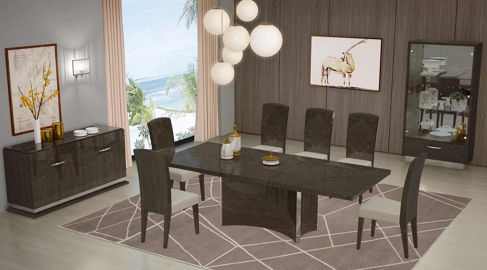 Homeroots 7Piece Gray Solid Wood Dining Set with Six Chairs displayed in a modern dining room setting.