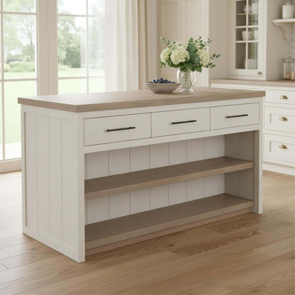 HOMEROOTS two-tone kitchen island with drawers featuring a white and brown finish and ample storage.