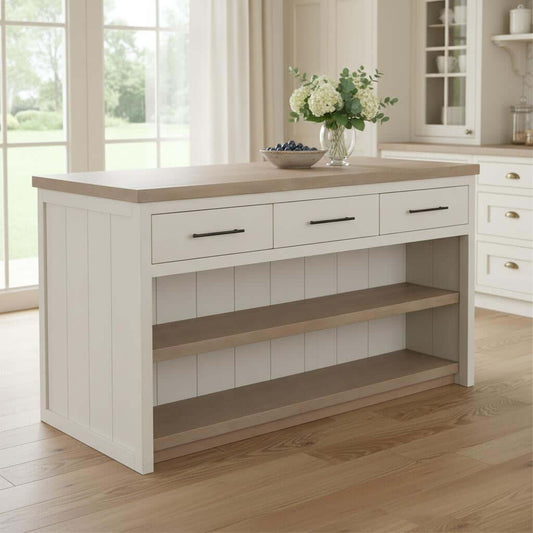 HOMEROOTS two-tone kitchen island with drawers featuring a white and brown finish and ample storage.