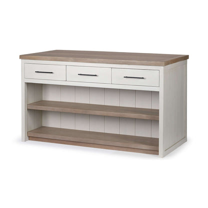 HOMEROOTS two-tone kitchen island with drawers featuring a white and brown finish and ample storage.