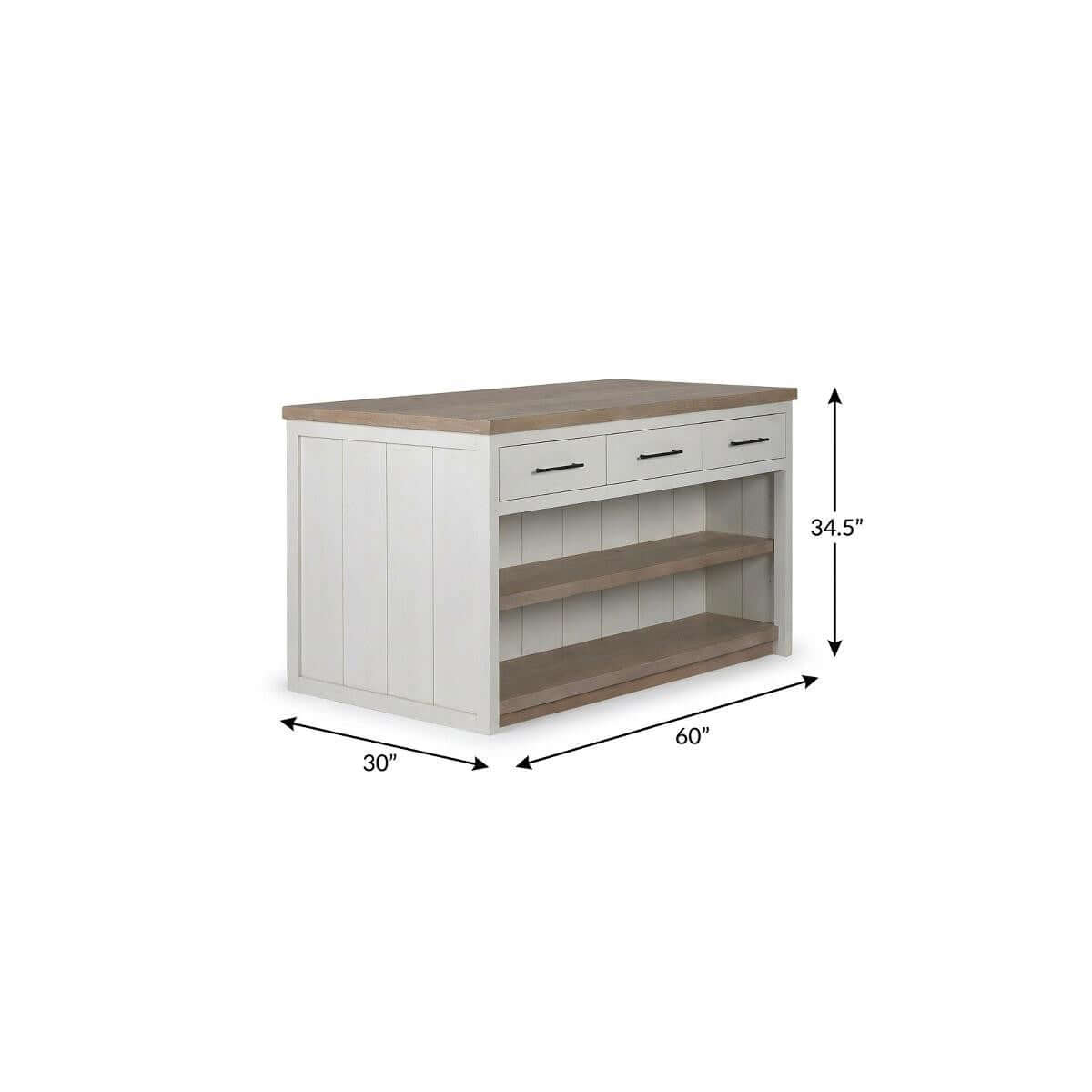 HOMEROOTS two-tone kitchen island with drawers featuring a white and brown finish, dimensions 30" x 60", height 34.5".