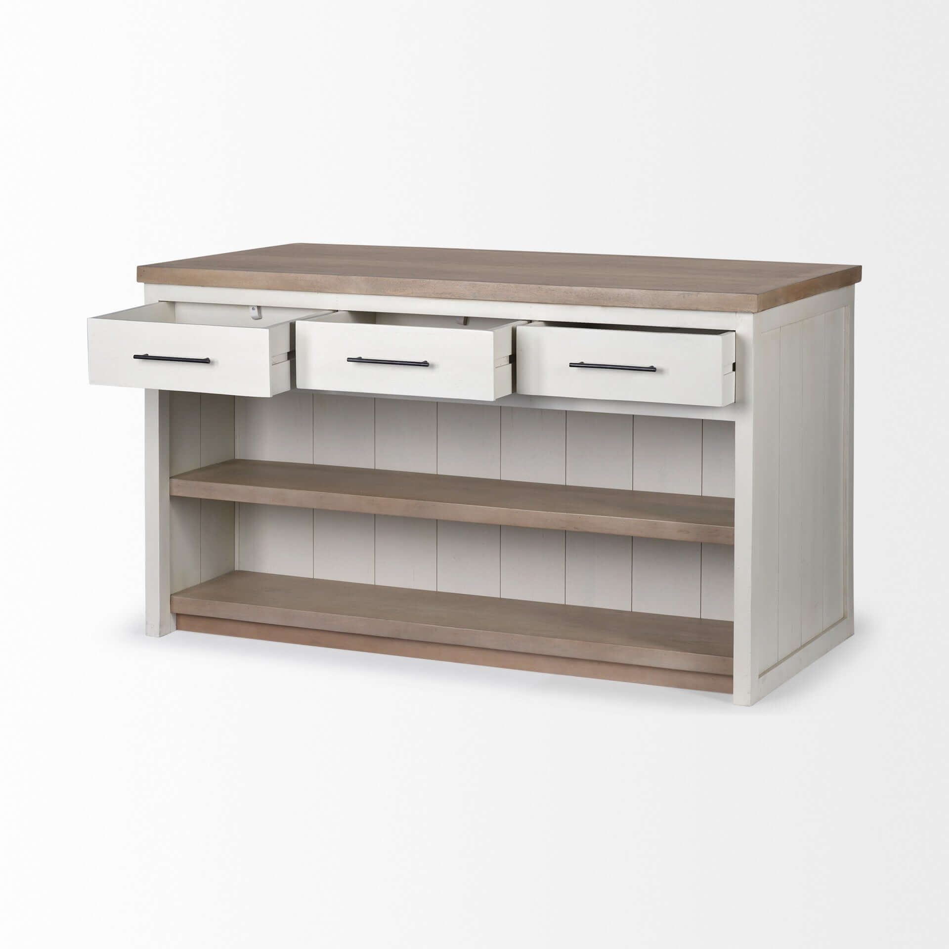 two-tone kitchen island with drawers featuring white and brown finishes, premium mango wood, and ample storage space.