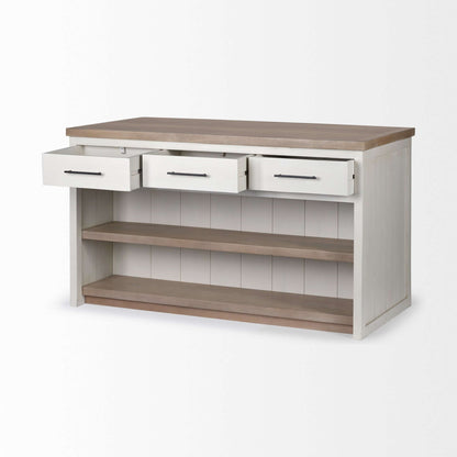 two-tone kitchen island with drawers featuring white and brown finishes, premium mango wood, and ample storage space.