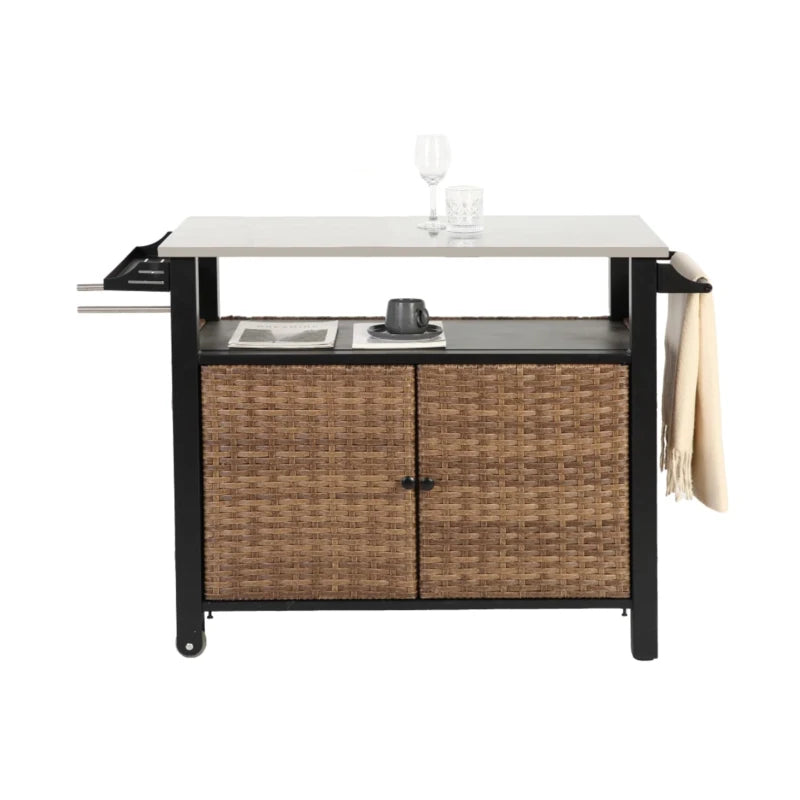 Outdoor Kitchen Wicker Island Rolling Cart
