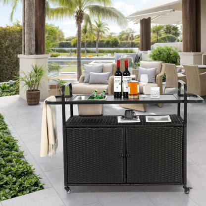 Outdoor Wicker Bar Cart with Glass